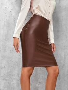 SHEIN Tall Váy nữ Dây kéo màu trơn Thanh lịch - Cà phê nâu - Xem 5