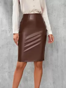 SHEIN Tall Váy nữ Dây kéo màu trơn Thanh lịch - Cà phê nâu - Xem 1