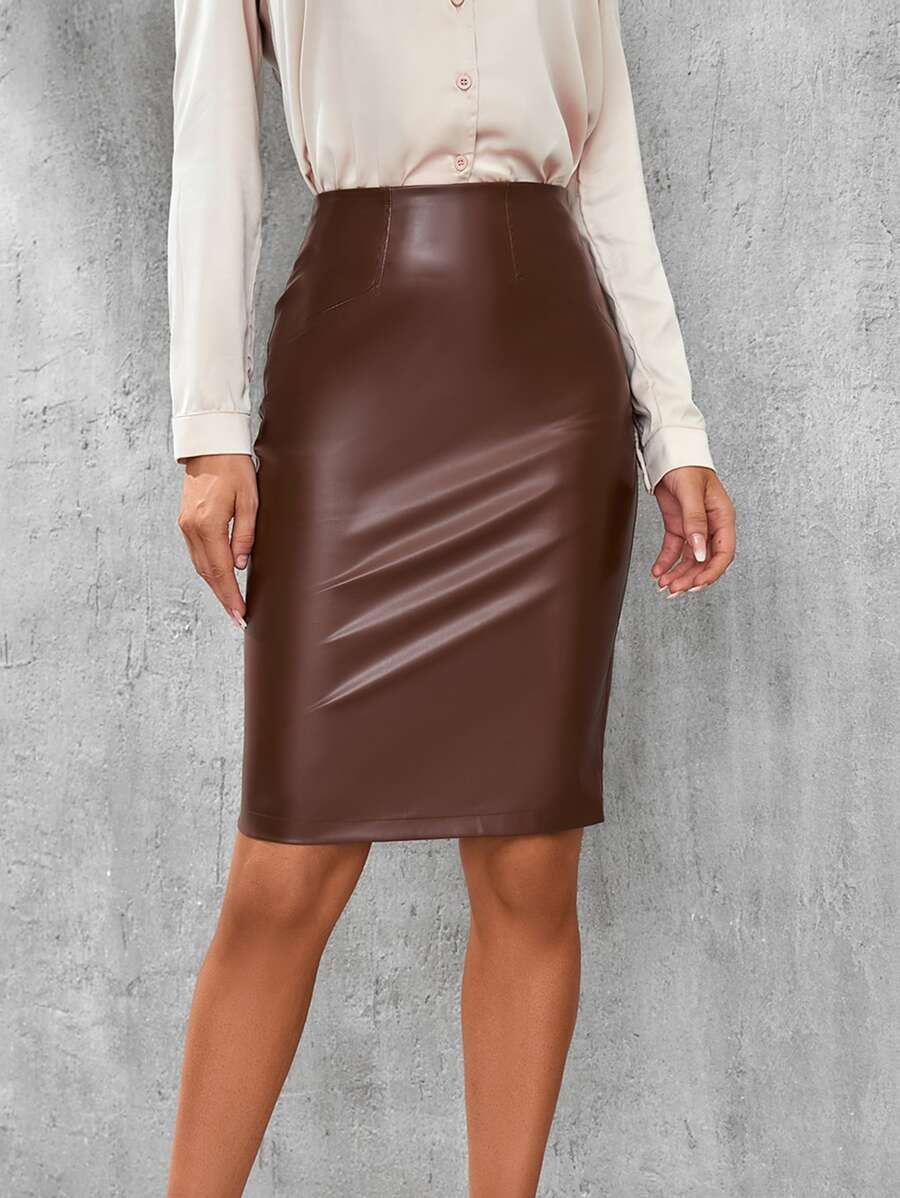 SHEIN Tall Váy nữ Dây kéo màu trơn Thanh lịch - Cà phê nâu - Xem 1