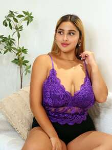 Plus Floral Lace Scallop Trim Bra - Red Violet - View 1