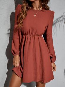 SHEIN Clasi Solid Bishop Sleeve Flared Hem Dress - Burnt Orange - View 1