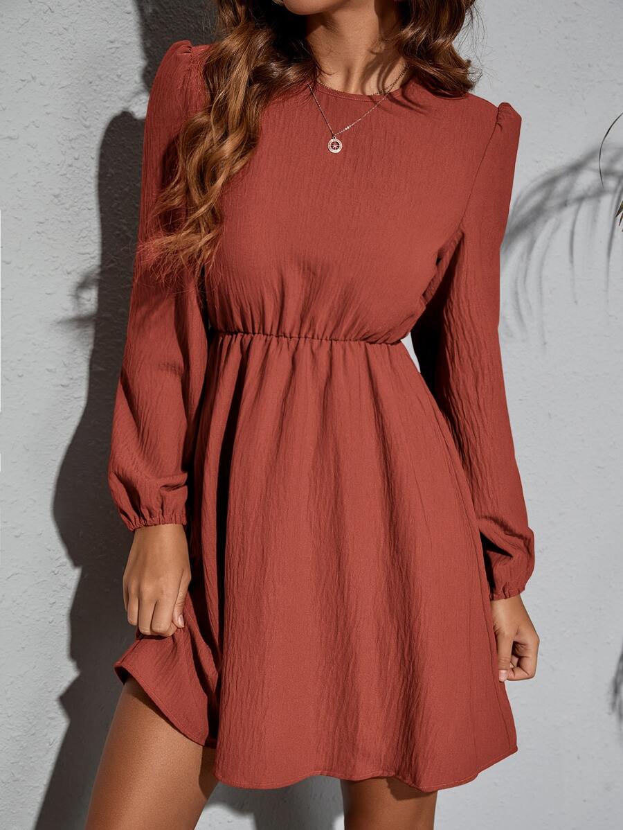 SHEIN Clasi Solid Bishop Sleeve Flared Hem Dress - Burnt Orange - View 1