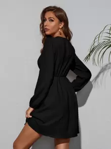 SHEIN LUNE Solid Bishop Sleeve Dress Fall Cloth For Women - Black - View 2