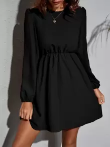 SHEIN LUNE Solid Bishop Sleeve Dress Fall Cloth For Women - Black - View 4