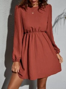 SHEIN Clasi Solid Bishop Sleeve Flared Hem Dress - Burnt Orange - View 3