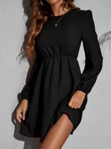 SHEIN LUNE Solid Bishop Sleeve Dress Fall Cloth For Women - Black - View 5