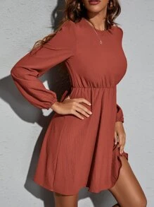 SHEIN Clasi Solid Bishop Sleeve Flared Hem Dress - Burnt Orange - View 4