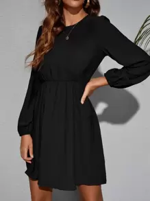 SHEIN LUNE Solid Bishop Sleeve Dress Fall Cloth For Women - Black - View 6