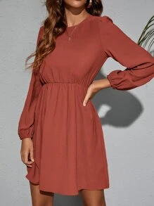 SHEIN Clasi Solid Bishop Sleeve Flared Hem Dress - Burnt Orange - View 5
