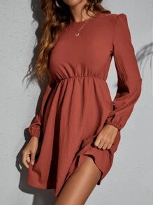 SHEIN Clasi Solid Bishop Sleeve Flared Hem Dress - Burnt Orange - View 6
