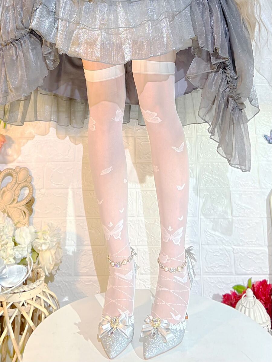 蝴蝶圖案過膝襪 - 白色 - 查看 1
