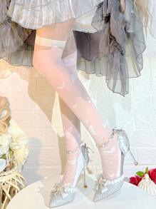 蝴蝶圖案過膝襪 - 白色 - 查看 2