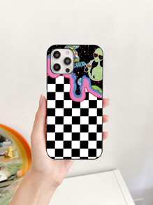 Cartoon Alien Checkered Phone Case - Multicolor - View 1