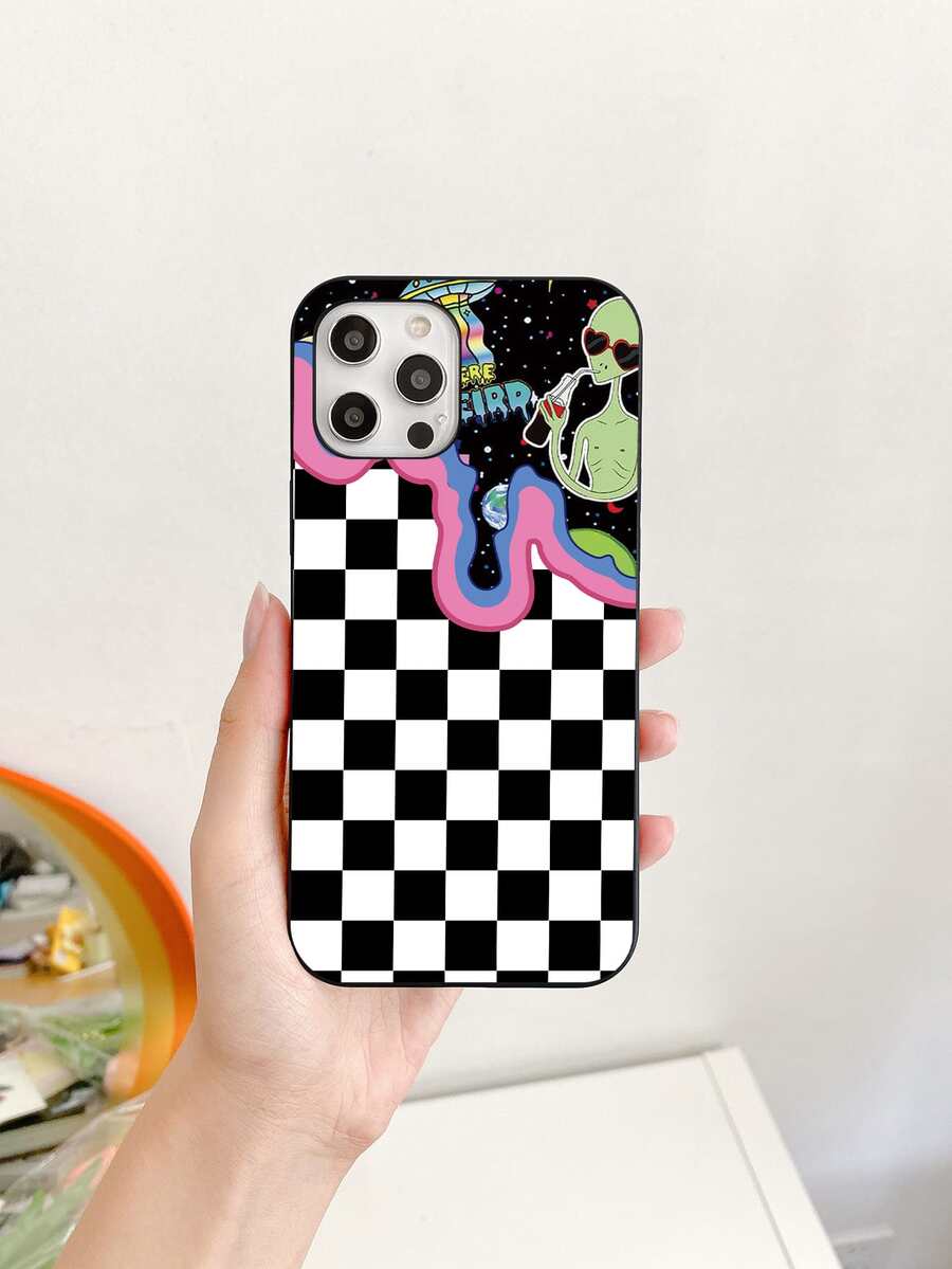 Cartoon Alien Checkered Phone Case - Multicolor - View 1