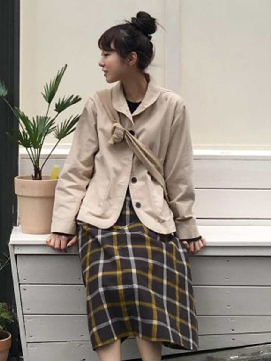 Plaid Midi A-line Skirt - Multicolor - View 1