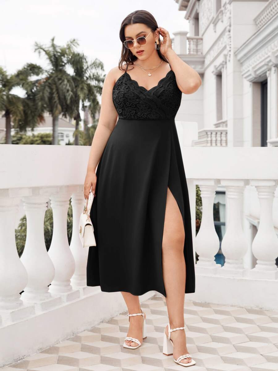 SHEIN Plus Lace Panel Crisscross Back Split Thigh Dress - Black - View 1