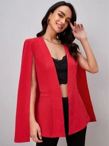 BizChic Solid Open Front Cloak Sleeve Blazer Workwear - Red - View 3