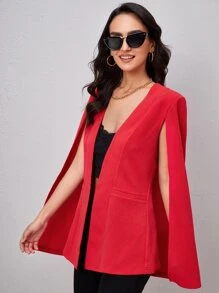 BizChic Solid Open Front Cloak Sleeve Blazer Workwear - Red - View 4