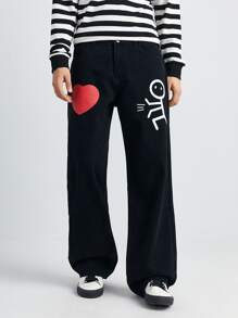 Manfinity Hypemode Quần Jeans Nam Nút Túi Dây kéo Con số Tim - màu đen - Xem 1