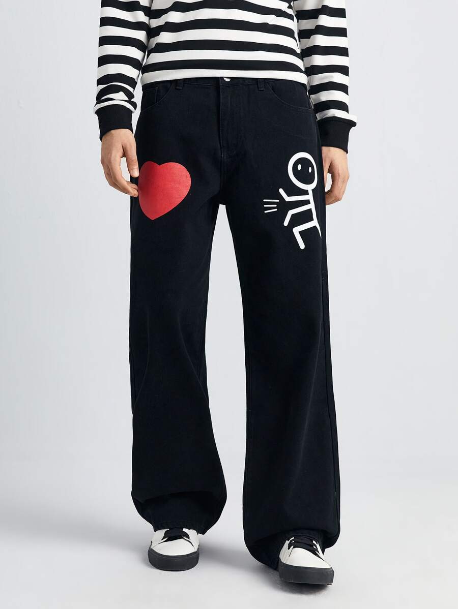 Manfinity Hypemode Quần Jeans Nam Nút Túi Dây kéo Con số Tim - màu đen - Xem 1