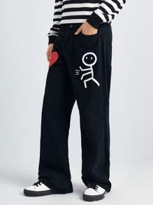 Manfinity Hypemode Quần Jeans Nam Nút Túi Dây kéo Con số Tim - màu đen - Xem 3