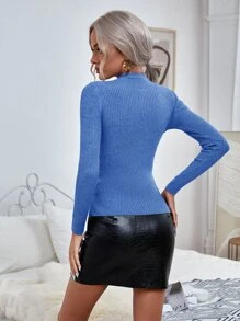 RueChic Jersey de cuello alto tejido de canalé unicolor - Azul - Ver 2
