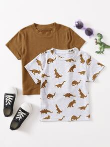 SHEIN Young Boy Dinosaur Pattern Loose Comfortable T-Shirt, Casual And Cute Style For School, Party, Outing, And Sports, Suitable For 4-7 Year Old Boys - Multicolor - View 1