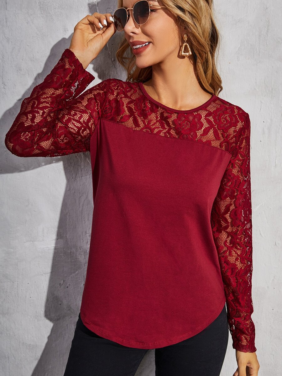 SHEIN 蕾絲花邊圓領T恤 - 酒紅色 - 查看 1