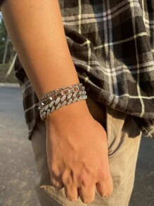 3入組/套適合女士男士流行龐克嘻哈風格搖滾派對全水鑽華麗裝飾手環 - 銀色 - 查看 1