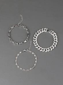 3入組/套適合女士男士流行龐克嘻哈風格搖滾派對全水鑽華麗裝飾手環 - 銀色 - 查看 2