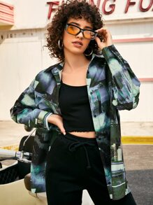 SHEIN Áo sơ mi nữ Nút Túi Đồ họa Giải trí - Nhiều màu - Xem 1