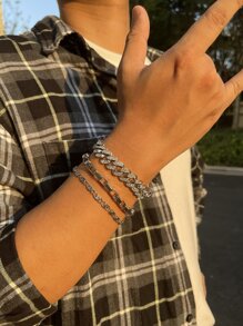 3入組/套適合女士男士流行龐克嘻哈風格搖滾派對全水鑽華麗裝飾手環 - 銀色 - 查看 3