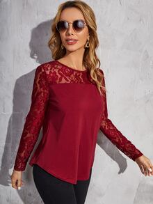 SHEIN 蕾絲花邊圓領T恤 - 酒紅色 - 查看 3