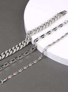 3入組/套適合女士男士流行龐克嘻哈風格搖滾派對全水鑽華麗裝飾手環 - 銀色 - 查看 5