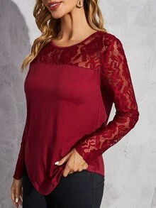 SHEIN 蕾絲花邊圓領T恤 - 酒紅色 - 查看 4