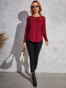 SHEIN 蕾絲花邊圓領T恤 - 酒紅色 - 查看 5