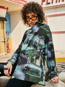 SHEIN Áo sơ mi nữ Nút Túi Đồ họa Giải trí - Nhiều màu - Xem 3