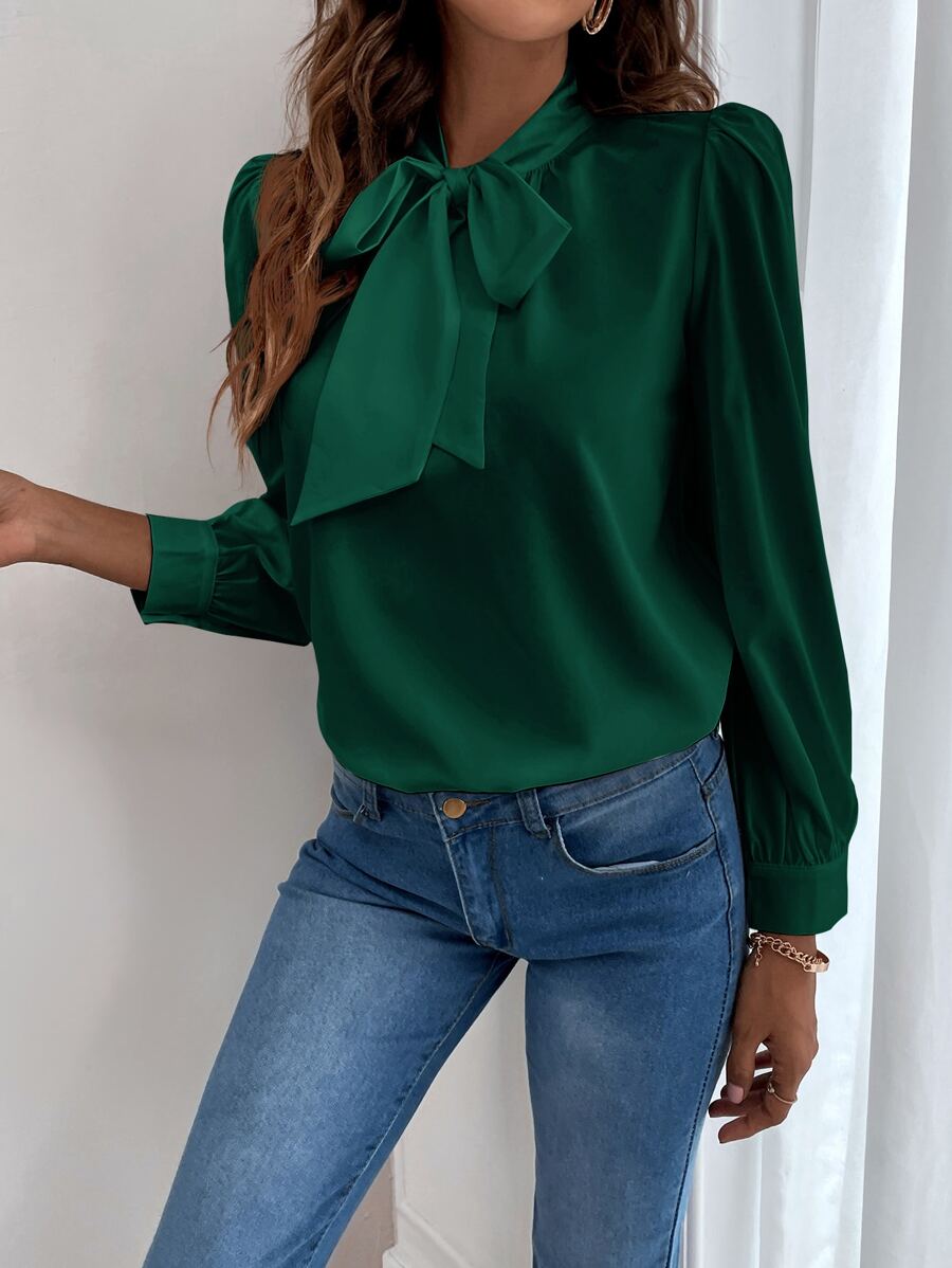 SHEIN Frenchy Solid Tie Neck Chiffon Blouse - Dark Green - View 1