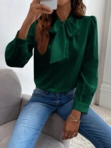 SHEIN Frenchy Solid Tie Neck Chiffon Blouse - Dark Green - View 4