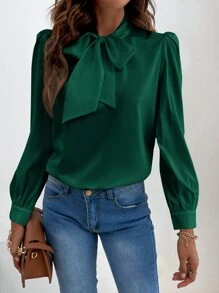 SHEIN Frenchy Solid Tie Neck Chiffon Blouse - Dark Green - View 5