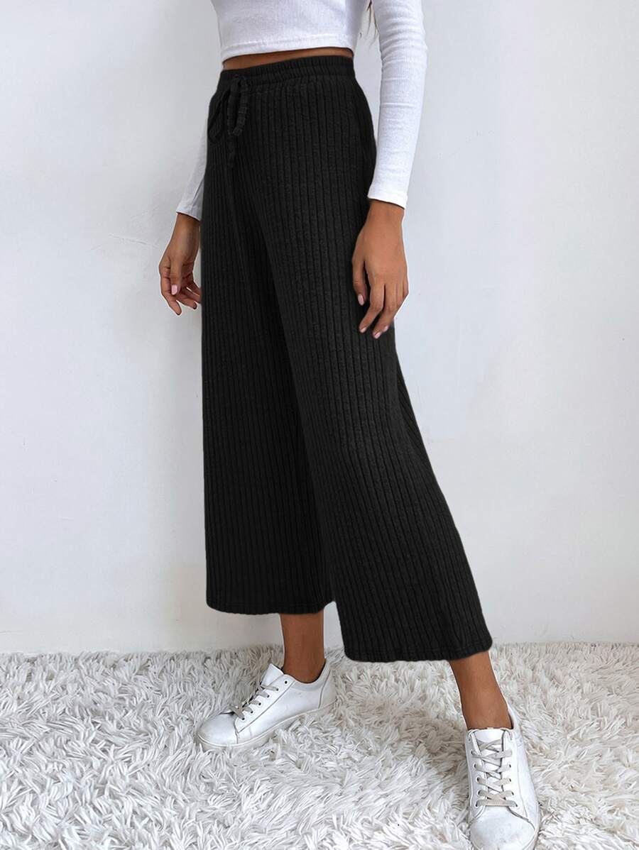 Muchica Solid Knotted Wide Leg Pants - Black - View 1