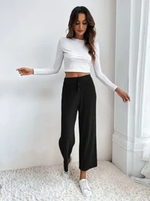 Muchica Solid Knotted Wide Leg Pants - Black - View 3