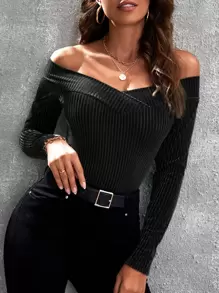 SHEIN Privé Áo thun ôm vai hở vai - màu đen - Xem 1