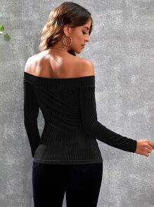 SHEIN Privé Áo thun ôm vai hở vai - màu đen - Xem 2