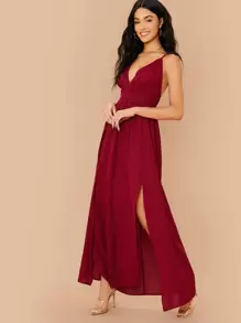 SHEIN Belle 勃艮第红色纯色细肩带高开叉连衣裙 - 酒紅色 - 查看 3
