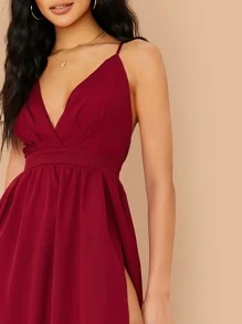 SHEIN Belle 勃艮第红色纯色细肩带高开叉连衣裙 - 酒紅色 - 查看 4