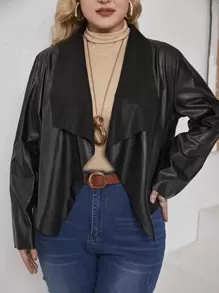 SHEIN Plus Waterfall Collar PU Leather Jacket - Black - View 1