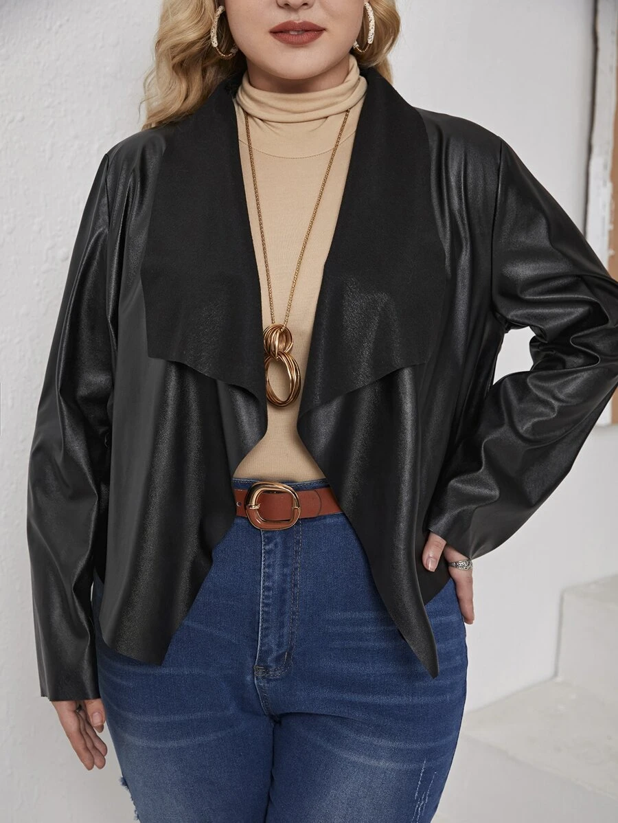 SHEIN Plus Waterfall Collar PU Leather Jacket - Black - View 1