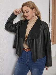 SHEIN Plus Waterfall Collar PU Leather Jacket - Black - View 4