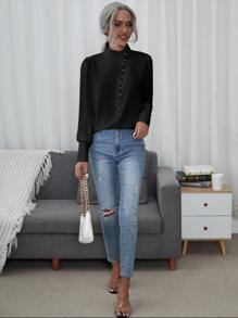 SHEIN Clasi Stand Neck Lantern Sleeve Blouse - Black - View 3